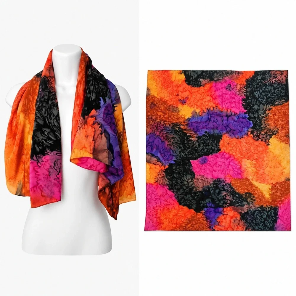 Shanghai Silk Scarf Women OS 100% Silk Multicolor Psychedelic Square VTG Boho‎